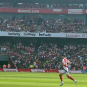 Declan Rice in action for Arsenal during the 2024 Emirates Cup