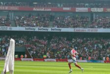 Declan Rice in action for Arsenal during the 2024 Emirates Cup