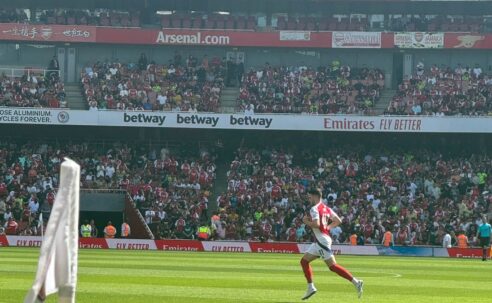 Declan Rice in action for Arsenal during the 2024 Emirates Cup
