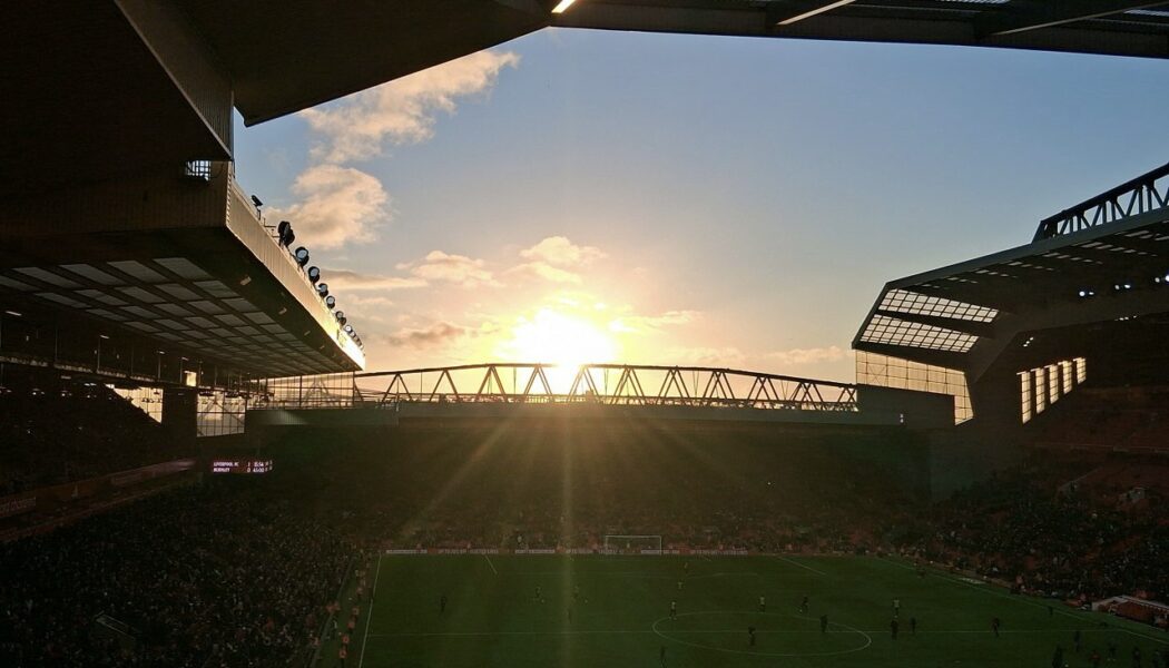 Anfield’s Kop and pitch at sunset during Liverpool’s match against Burnley in January 202