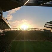 Anfield’s Kop and pitch at sunset during Liverpool’s match against Burnley in January 202