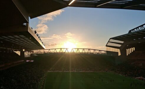 Anfield’s Kop and pitch at sunset during Liverpool’s match against Burnley in January 202