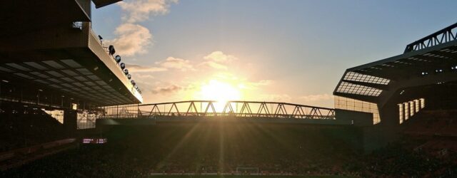 Anfield’s Kop and pitch at sunset during Liverpool’s match against Burnley in January 202