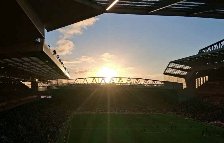 Anfield’s Kop and pitch at sunset during Liverpool’s match against Burnley in January 202