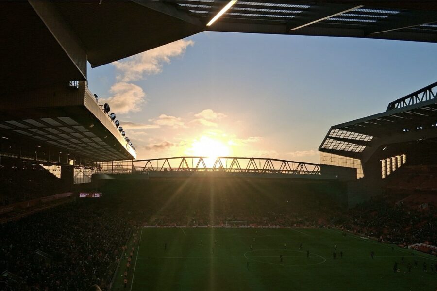 Anfield’s Kop and pitch at sunset during Liverpool’s match against Burnley in January 202