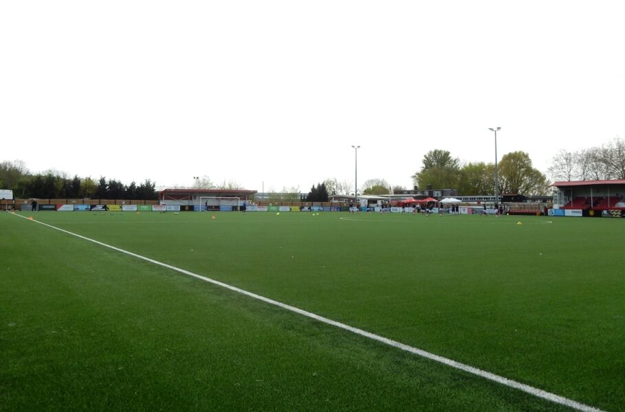 Honeycroft Stadium, home of Uxbridge FC, illustrating the financial challenges facing English football.
